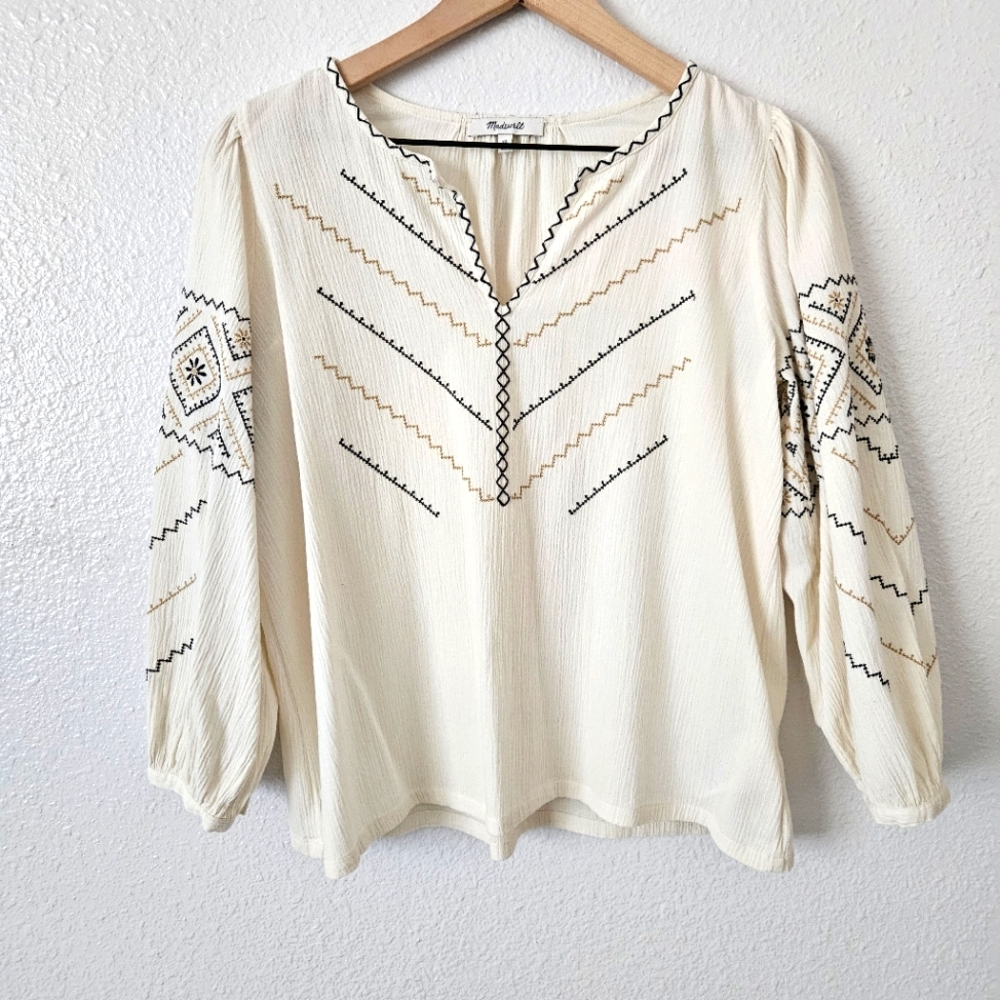 Madewell Peasant Embroidered V Neck Gauze Pullover Long Sleeve Top Ivory XS